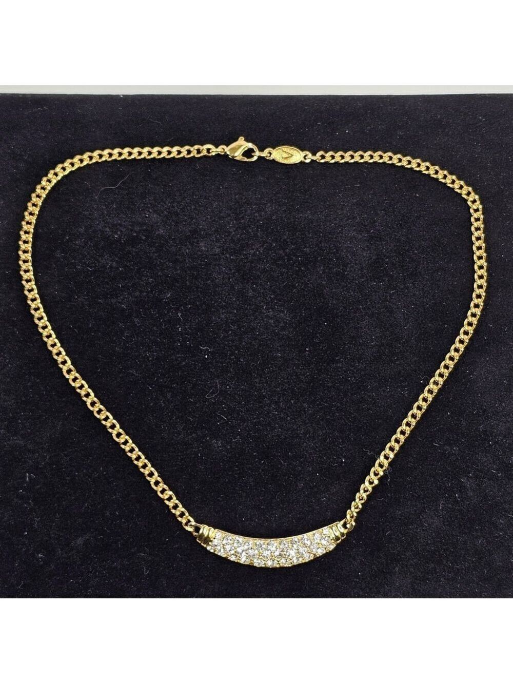 Vintage Gold Tone Rhinestone Bar Necklace 16” Signed V Tag Statement Choker